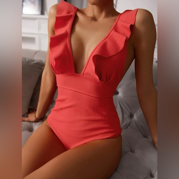 Watermelon Pink 🍉 Ruffle Trim One Piece Womens Swim M(6) - Picture 1 of 3